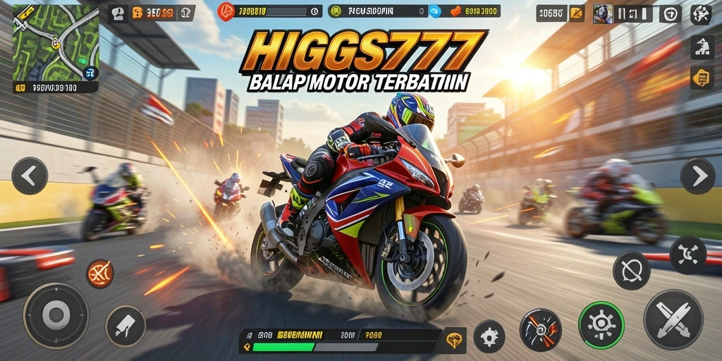 Tampilan gameplay seru dan cekatan dalam HIGGS777, balap motor penuh adrenalin.