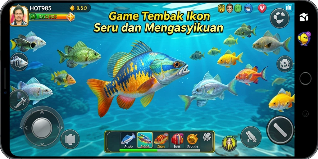 Screenshot gameplay HOT985 menampilkan aksi menembak ikan yang seru.