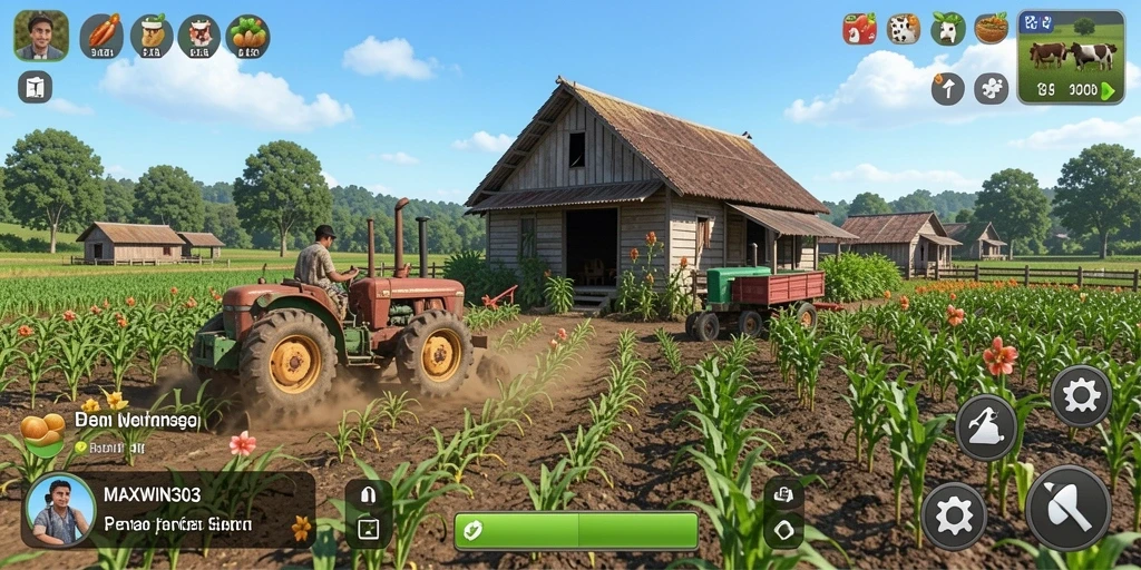 Screenshot gameplay MAXWIN303 yang menampilkan pertanian yang subur dan aktif.