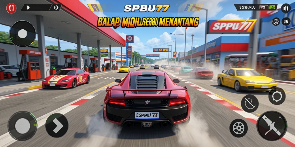 Tampilan gameplay balap mobil yang mendebarkan di SPBU77.